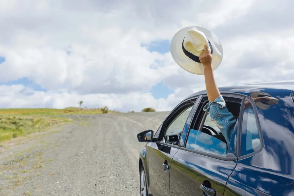 Nell'immagine c'è a destra un'auto blu e dal finestrino dietro aperto spunta un braccio che tiene in mano un cappello di paglia. La strada di fronte è sterrata con prato accanto.